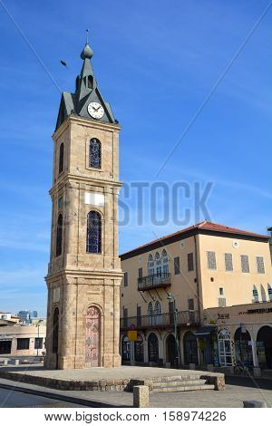 TEL AVIV ISRAEL 07 11 16: The Jaffa Clock Tower is one of seven clock towers built in Palestine during the Ottoman period. The tower, which is made of limestone, incorporates two clocks