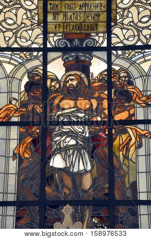 JERUSALEM ISRAEL 23 10 16: Stained glass window of Church of the Flagellation, according to the Gospels on this place the Roman soldiers scourged Jesus Christ and put on him the crown of thorns.