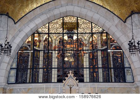 JERUSALEM ISRAEL 23 10 16: Stained glass window of Church of the Flagellation, according to the Gospels on this place the Roman soldiers scourged Jesus Christ and put on him the crown of thorns.