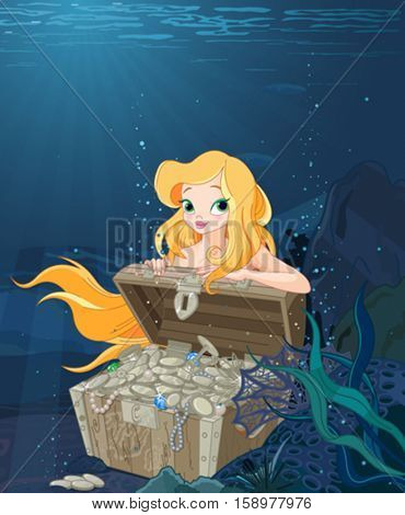 Cute Mermaid over a treasure chest under the sea