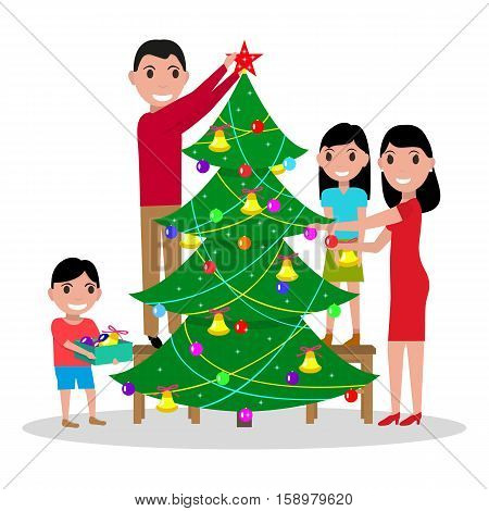 Vector illustration of a cartoon happy family decorates the Christmas tree. Parents and children decorate fir Christmas. Isolated white background. Flat style. People are preparing for the new year.