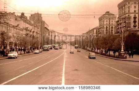 Kiev Ukraine - May 1964: The Kreschatik street.
