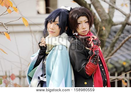 Marugame, Kagawa, Japan -  November 20, 2016: Cosplayers outside the Mamugame-Jou Park Cosplay Convention