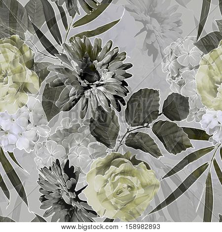 art vintage monochrome grey blurred watercolor and graphic floral seamless pattern with roses, peonies, gerbera, asters and dark leaves on  background. Double Exposure effect