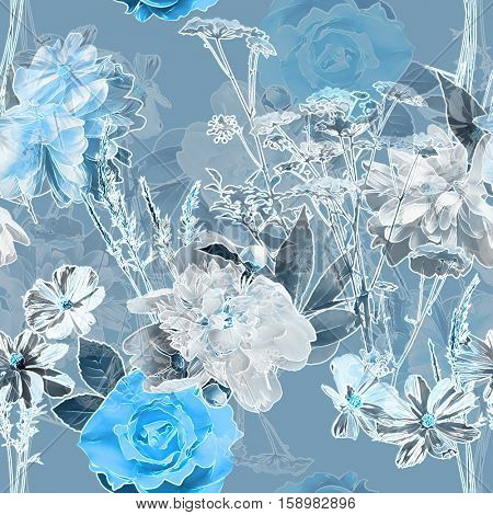 art vintage blurred monochrome blue watercolor and graphic floral seamless pattern with white peonies, roses and leaves on background. Double Exposure effect