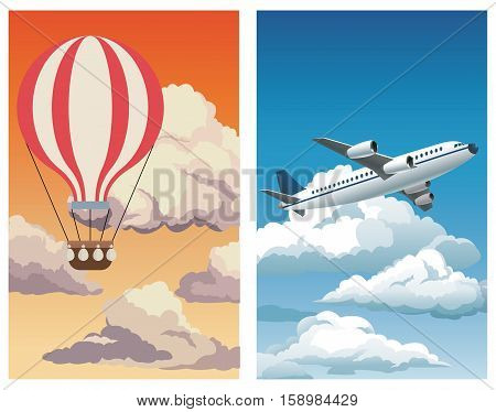 set sunset sky airballoon-blue sky clouds plane vector illustration eps 10