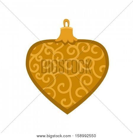 Merry Christmas gold ornamental toy with fur tree icon in roundframe, Christmas balls, vector illustration in flat style