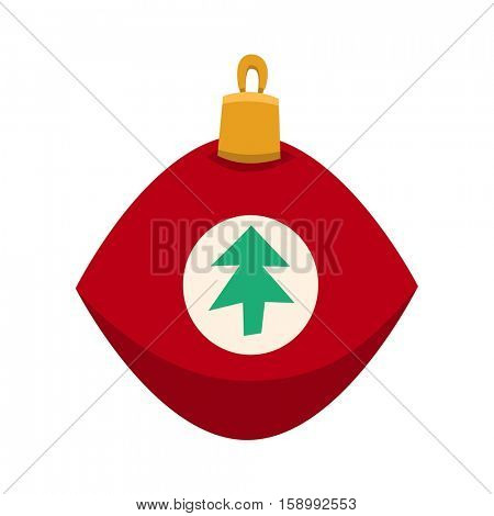 Merry Christmas red toy with fur tree icon in roundframe, Christmas balls, vector illustration in flat style