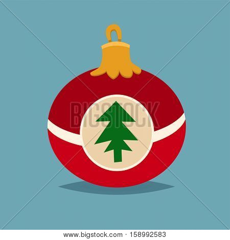 Merry Christmas red ball with fur tree icon in roundframe, Christmas balls, vector illustration