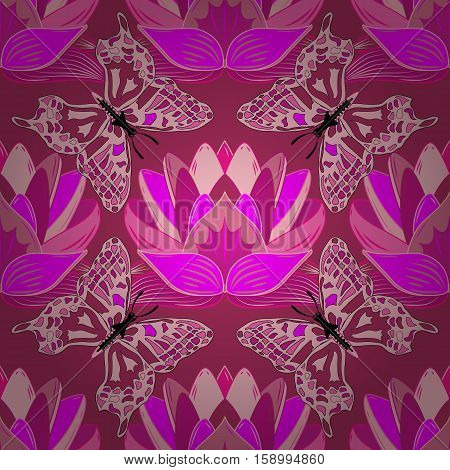 Pink Lotus Flower Seamless Pattern On Dark Pink Background. Romantic Floral Texture With Butterfiles