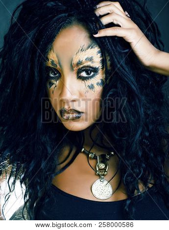 Beauty Afro Girl With Cat Make Up, Creative Leopard Print Closeu