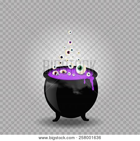 Black Witch Steaming Pot Cauldron With Purple Boiling Potion, Eyeballs Isolated. Halloween Vector Il