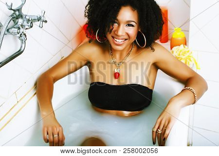Young Pretty African American Girl Taking Bath With Foam, Lifest