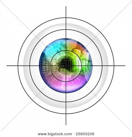 Destinazione sul globo della terra in multicolor occhio umano. EPS10 illustrazione vettoriale.