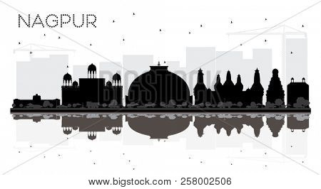 Nagpur India City skyline black and white silhouette with Reflections. Simple flat concept for tourism presentation, banner, placard or web site. Nagpur Cityscape with landmarks.