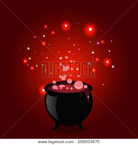 Black Witch Pot Cauldron With Boiling Potion, Glowing Sparkles And Bubbles On Red Background. Hallow