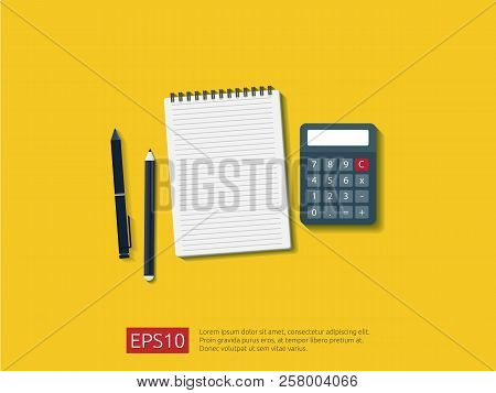 Top View Of Empty Note Paper Sheet With Calculator, Pencil And Pen On Workdesk Vector Illustration