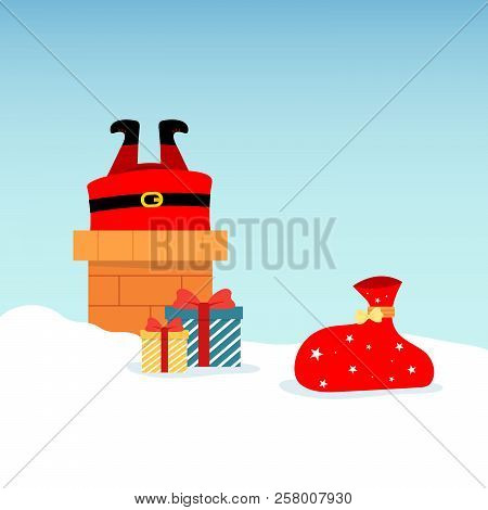 Vector Illustration Of Santa Claus On Roof, Diving Into Chimney, With Boxed Gifts Lying Around In Sn