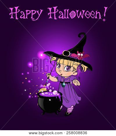 Happy Halloween Vector Greeting Card With Cute Blonde Little Baby Witch Girl In Costume And Funny Ba