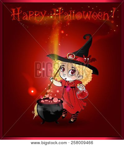Happy Halloween Vector Greeting Card With Cute Blonde Little Baby Witch Girl In Costume And Funny Ba