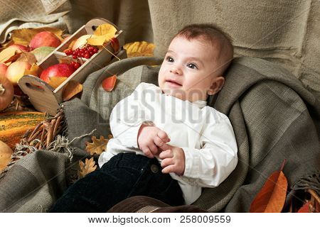 autumn concept - child boy lie on yellow leaves with fruits and vegatbles, red apples and pumpkins