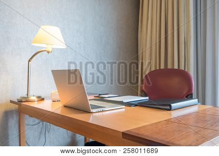 Computer Display And Office Tools On Desk In Home. Desktop Computer Screen Isolated. Modern Creative