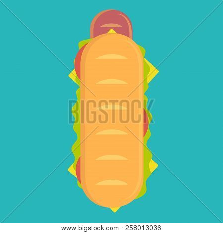 Hot Dog With Big Sausage And Fresh Tomato Isolated On Background. Top View. Stock Flat Vector Illust
