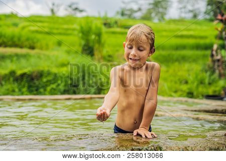 Boy Tourist In Belulang Hot Springs In Bali On The Background Of Rice Terraces Traveling With Childr