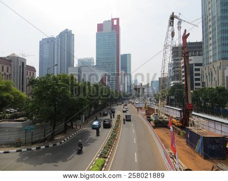 Jakarta, Indonesia - August 7, 2018: Jakarta Light Rail Transit (lrt) Construction Site In Kuningan 