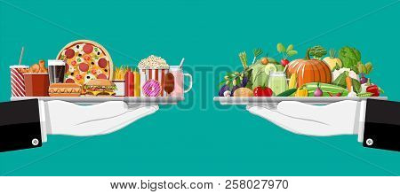 Tray With Fast Food And Organic Products. Diet, Nutrition, Fitness And Weight Loss Or Overweight And