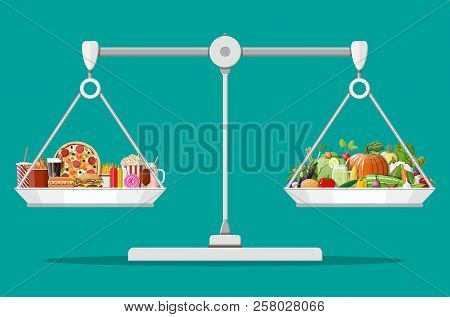 Scales With Fast Food And Organic Products. Diet, Nutrition, Fitness And Weight Loss Or Overweight F