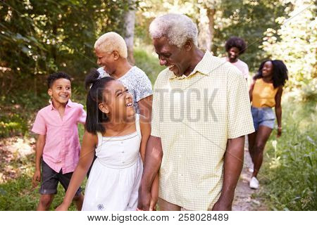 Multi generation black family walking in forest, close up