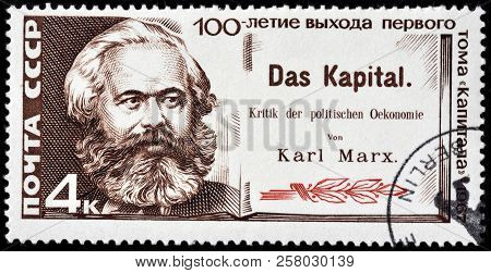 Luga, Russia - September 12, 2018: A Stamp Printed By Russia (ussr) Shows Karl Marx - German Philoso