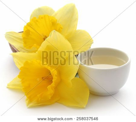 Flower Daffodil With Extract In A Bowl Over White Background