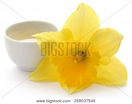 Flower Daffodil With Extract In A Bowl Over White Background