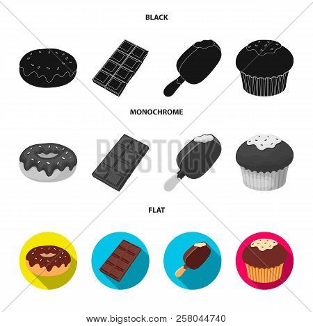 Donut With Chocolate, Zskimo, Shokolpada Tile, Biscuit.chocolate Desserts Set Collection Icons In Bl