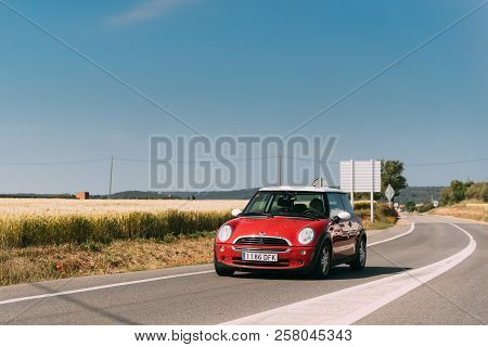 Valveralla, Spain - May 18, 2018: Red Colour Mini One D  Driving In Motorway Road.