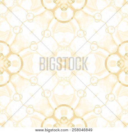 Yellow Seamless Pattern. Artistic Delicate Soap Bubbles. Lace Hand Drawn Textile Ornament. Kaleidosc