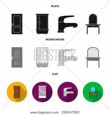 Door, Shower Cubicle, Mirror With Drawers, Faucet.furniture Set Collection Icons In Black, Flat, Mon
