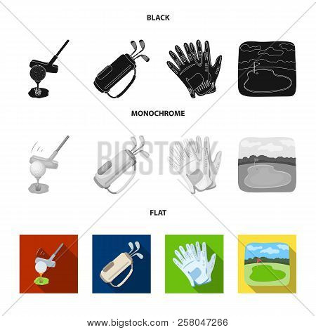 A Ball With A Golf Club, A Bag With Sticks, Gloves, A Golf Course.golf Club Set Collection Icons In 