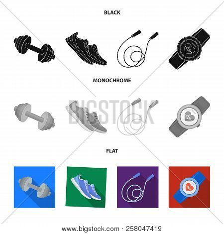 Dumbbell, Rope And Other Equipment For Training.gym And Workout Set Collection Icons In Black, Flat,