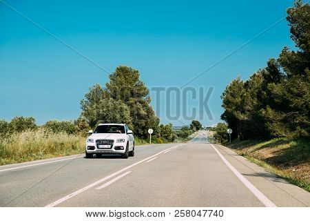 Palauborrell, Spain - May 17, 2018: Audi Q5 8r Car Of White Color Drive In Spanish Country Road.