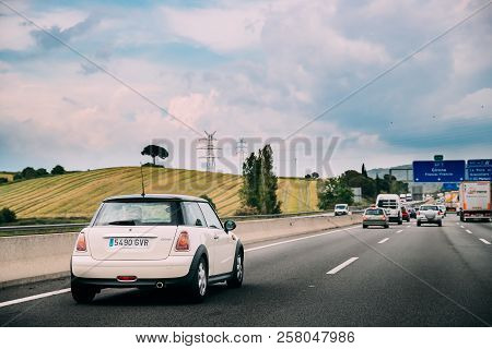 La Roca Del Valles, Spain - May 18, 2018: Mini Hatch Second Generation R56 Driving In Motorway Road.