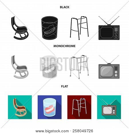 Denture, Rocking Chair, Walker, Old Tv.old Age Set Collection Icons In Black, Flat, Monochrome Style