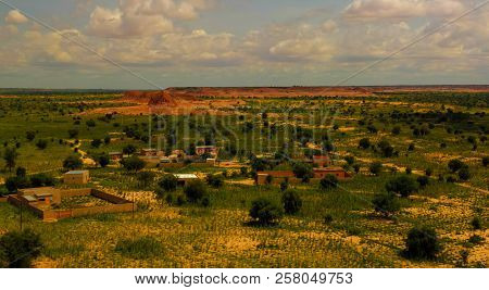 Aerial Panoramic Landscape View To Sahel And Oasis At Dogondoutchi, Niger