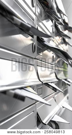 Modern Metal Mail Boxes, Overfull Of Leaflets; Some Have Fallen On The Ground. Ideal For Concepts. S