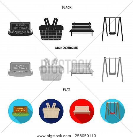 Lawn With A Sign, A Basket With Food, A Bench, A Swing. Park Set Collection Icons In Black, Flat, Mo