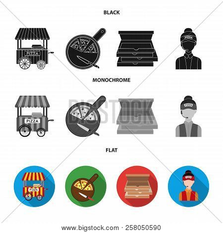Mobile Trailer, Cutting Board For Pizza, Boxes, Salesman. Pizza And Pizzeria Set Collection Icons In