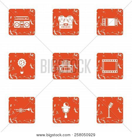 Vintage Music Icons Set. Grunge Set Of 9 Vintage Music Icons For Web Isolated On White Background