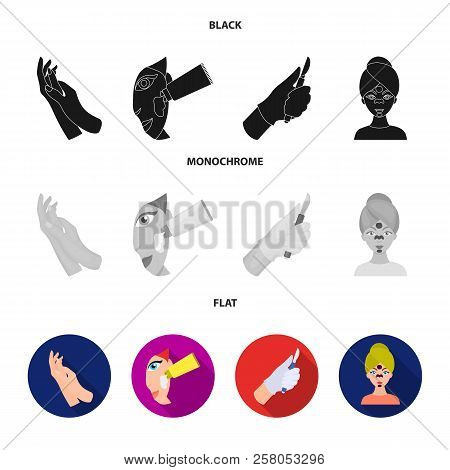 Hand Moisturizing, Scalpel Surgeon Mask On Face, Cream On Face. Skin Are Set Collection Icons In Bla